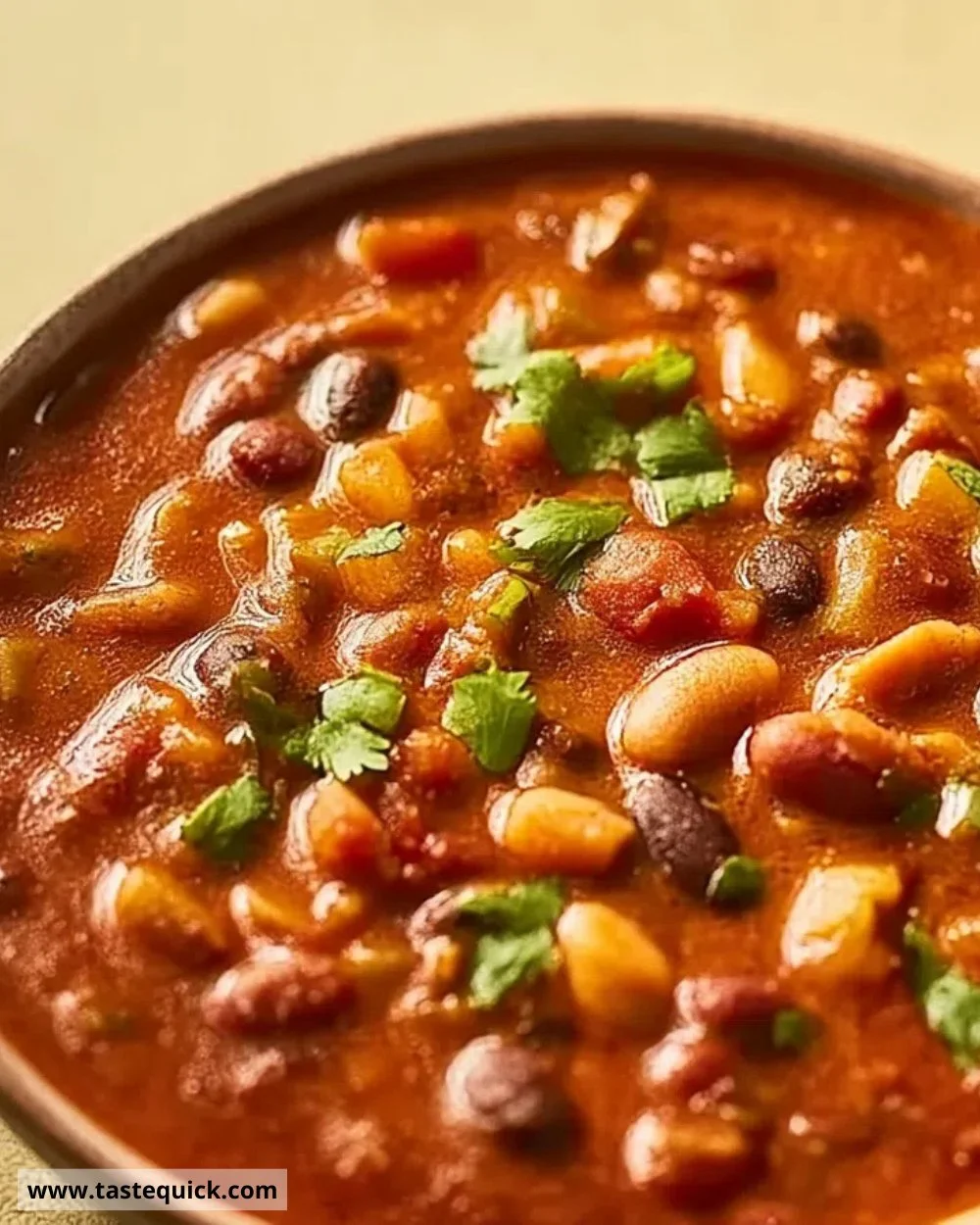 Bowl of the best vegetarian chili garnished with fresh herbs and served with bread.