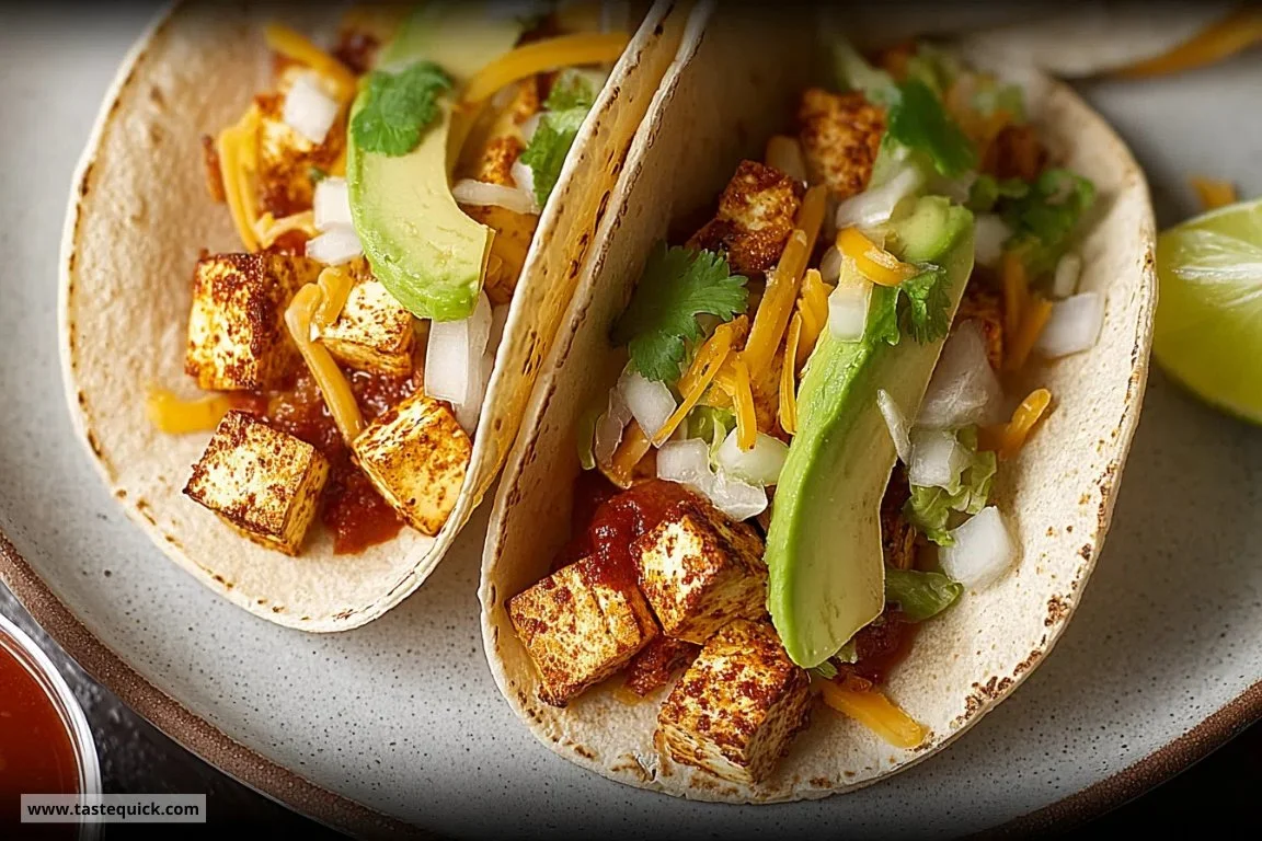 Delicious tofu tacos topped with fresh vegetables and avocado