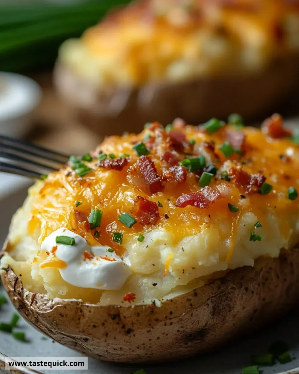 Delicious twice baked loaded breakfast potatoes topped with cheese and bacon.