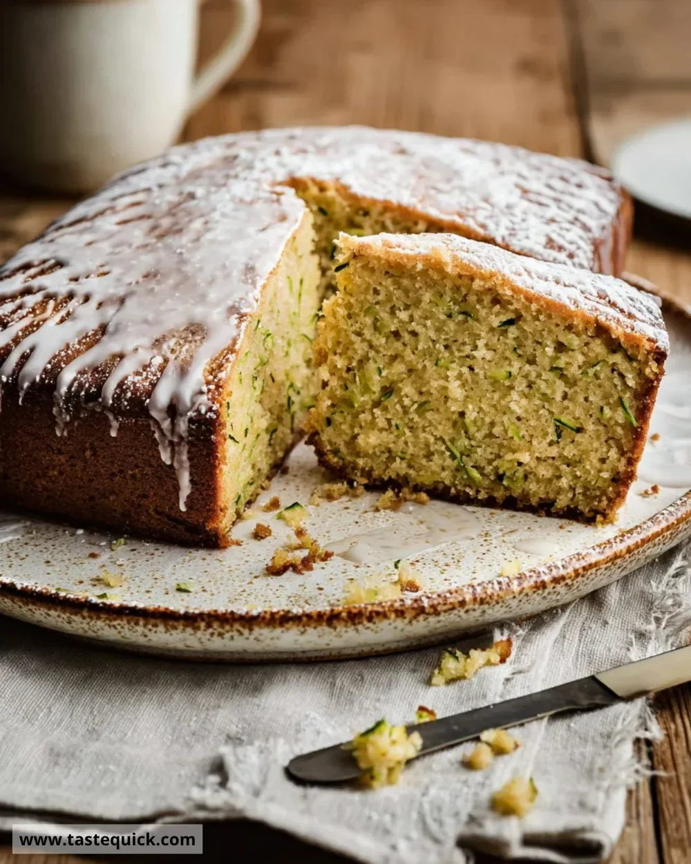 Delicious vegan zucchini cake topped with frosting and garnished with nuts.