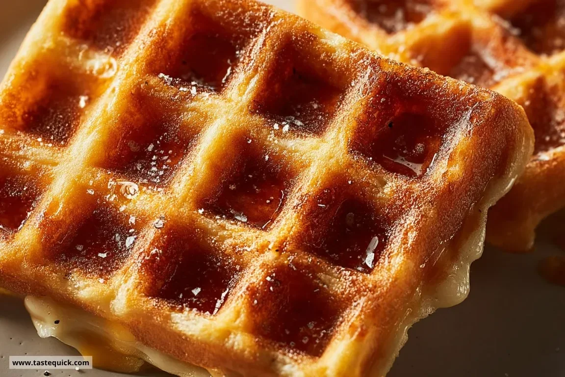 Waffled grilled cheese sandwich with melted cheese and crispy edges