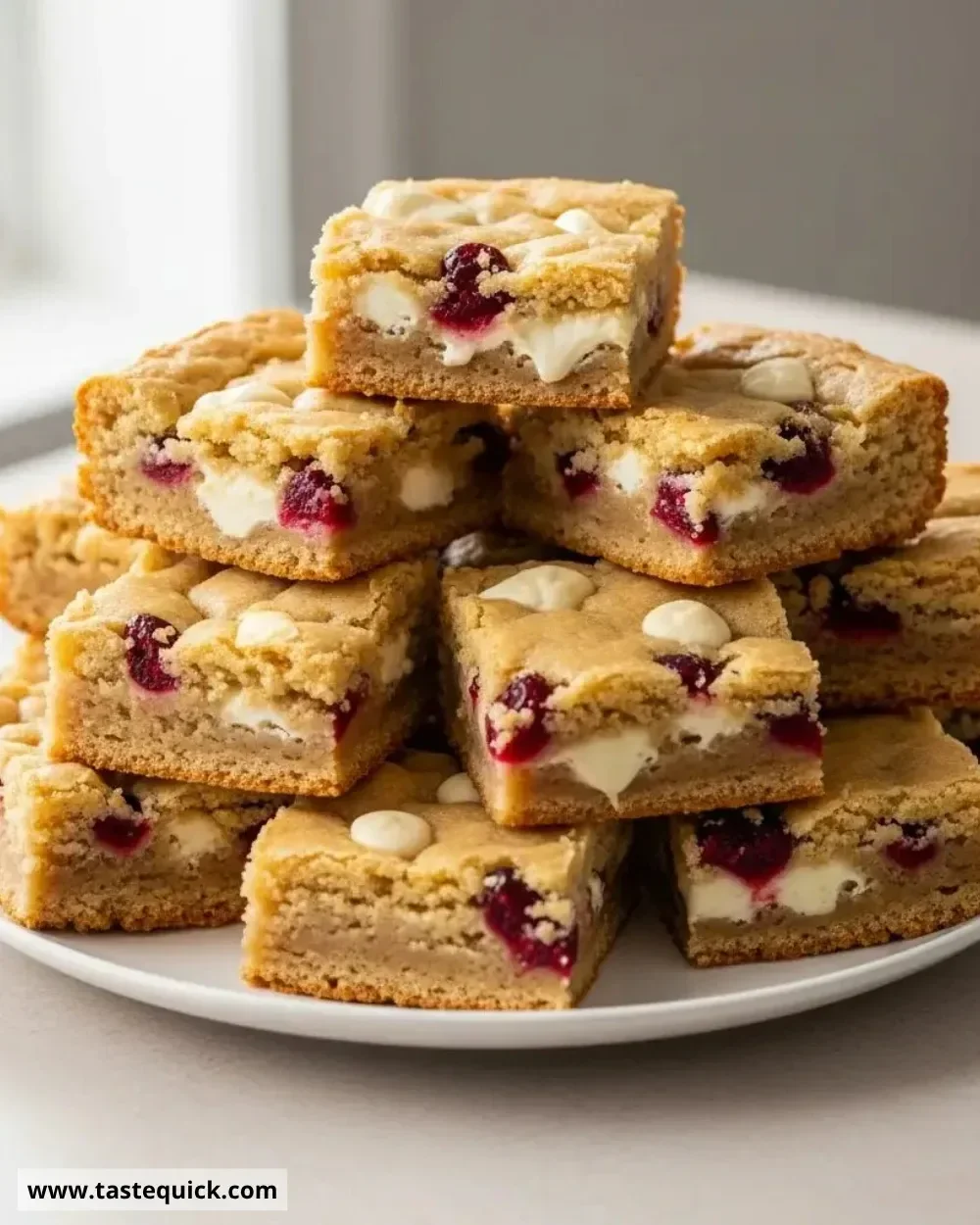 Delicious white chocolate cranberry blondies on a serving plate.