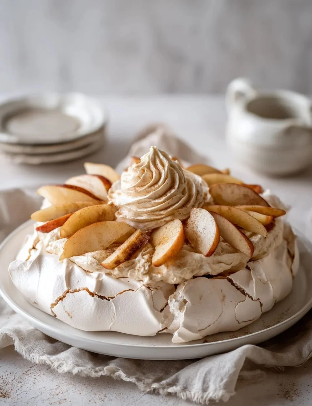 Apple Pavlova topped with cinnamon whipped cream and fresh apple slices