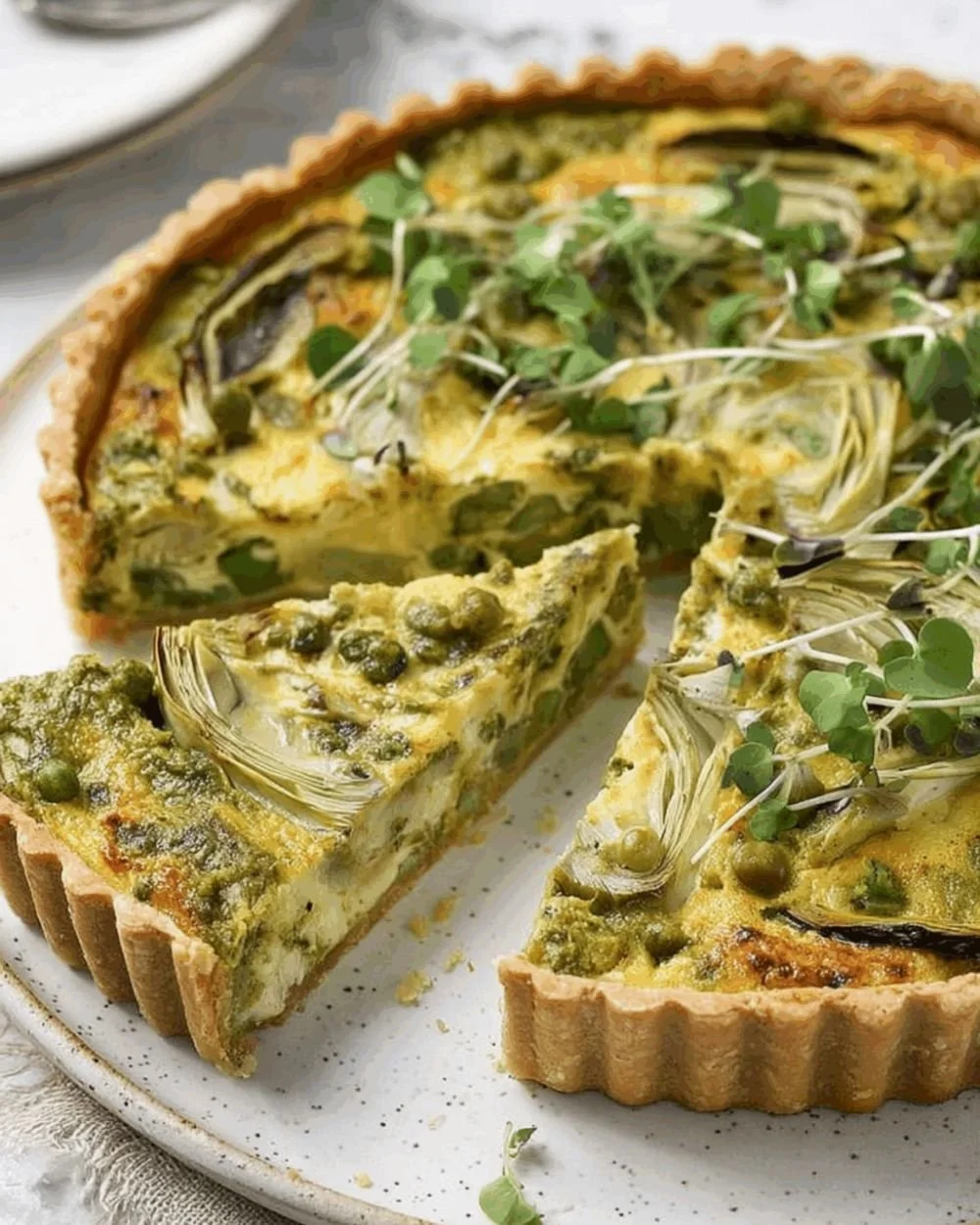 Artichoke and broad bean tart served on a wooden plate.