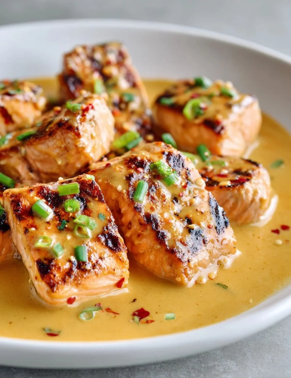 Delicious Bang Bang Salmon served with a spicy sauce and fresh vegetables