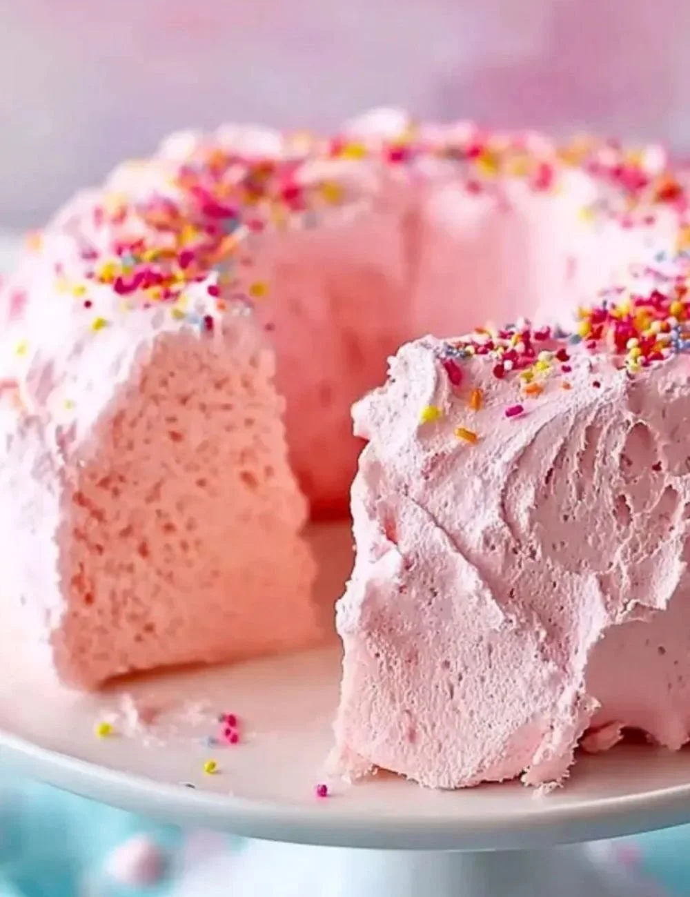 Beautiful Pink Angel Food Cake topped with fresh berries and whipped cream