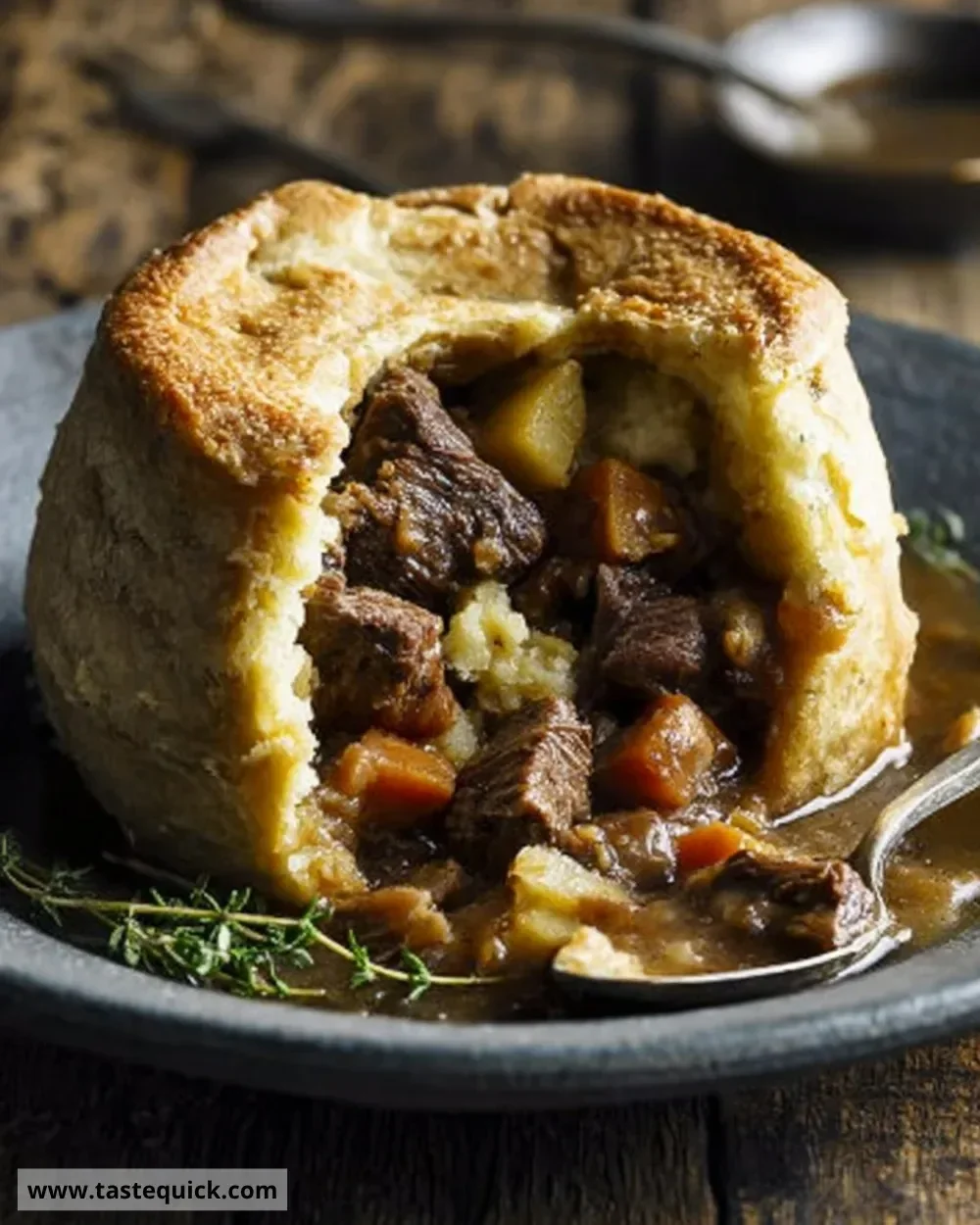 Delicious beef, ale and parsnip pudding served in a rustic dish