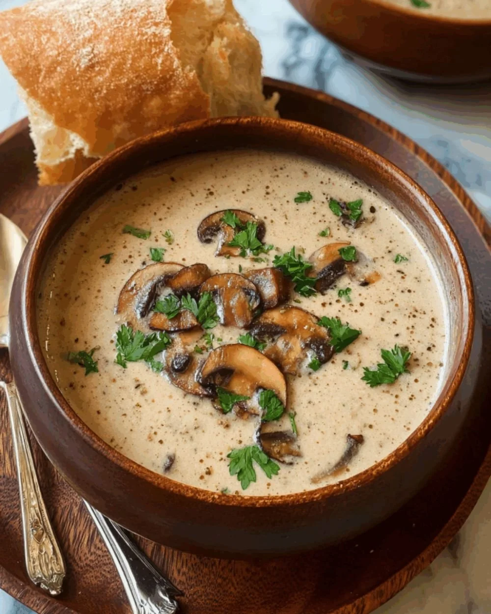 Bowl of the best creamy mushroom soup garnished with herbs