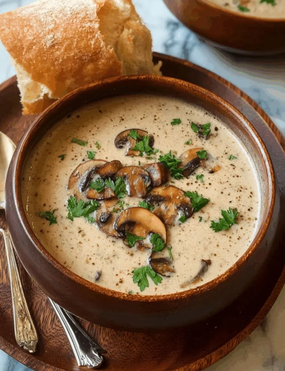 Bowl of best creamy mushroom soup garnished with herbs