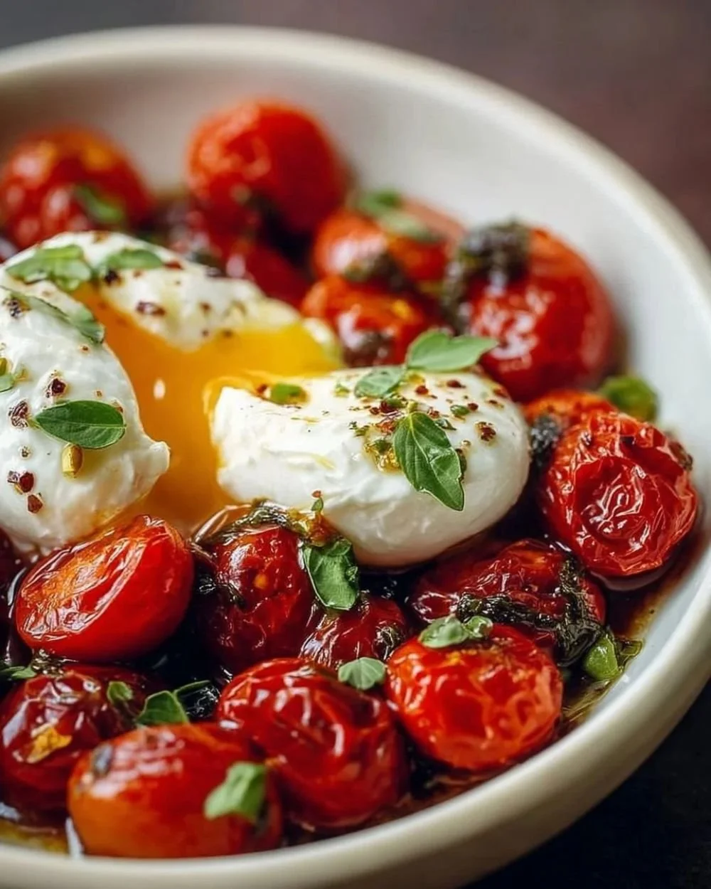 Delicious roasted tomatoes with burrata cheese for a flavorful appetizer.