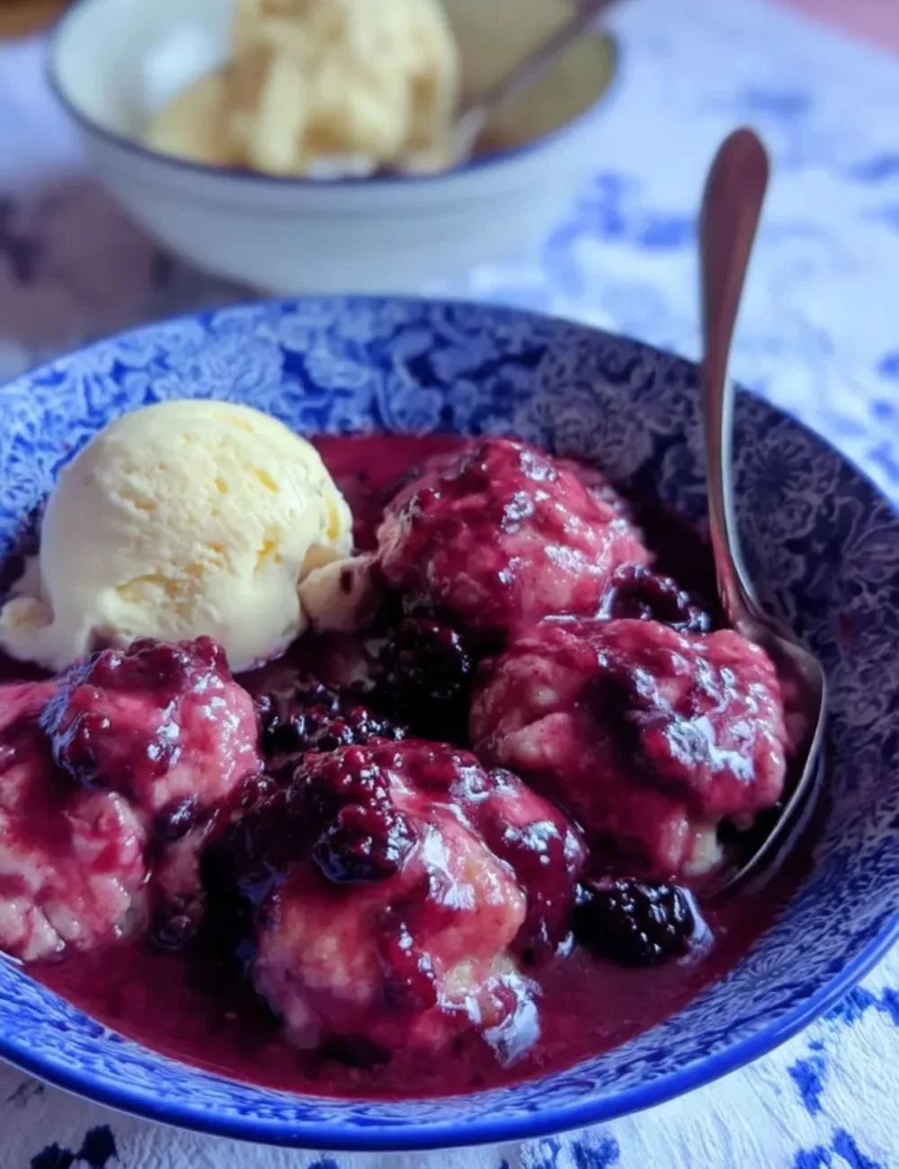 Delicious homemade blackberry dumplings served on a plate with fresh berries.