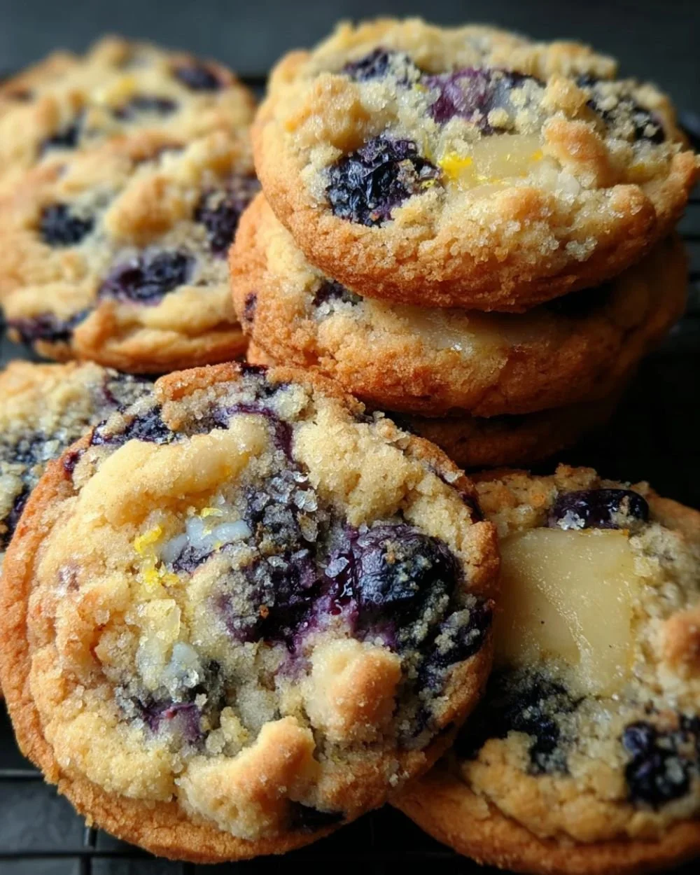 Freshly baked blueberry muffin cookies on a cooling rack