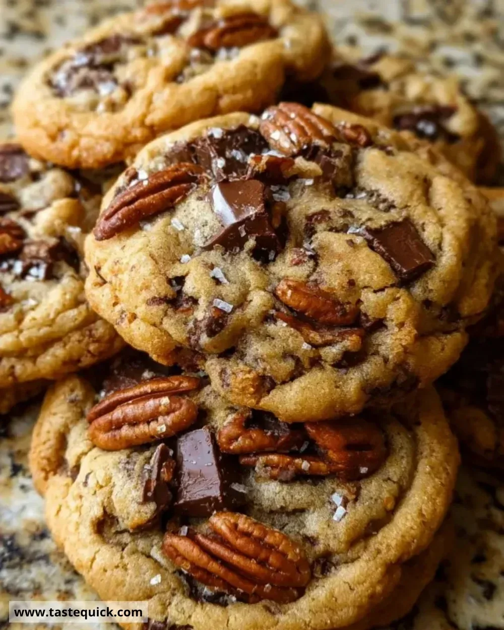 Delicious brown butter bourbon pecan chocolate chunk cookies on a plate
