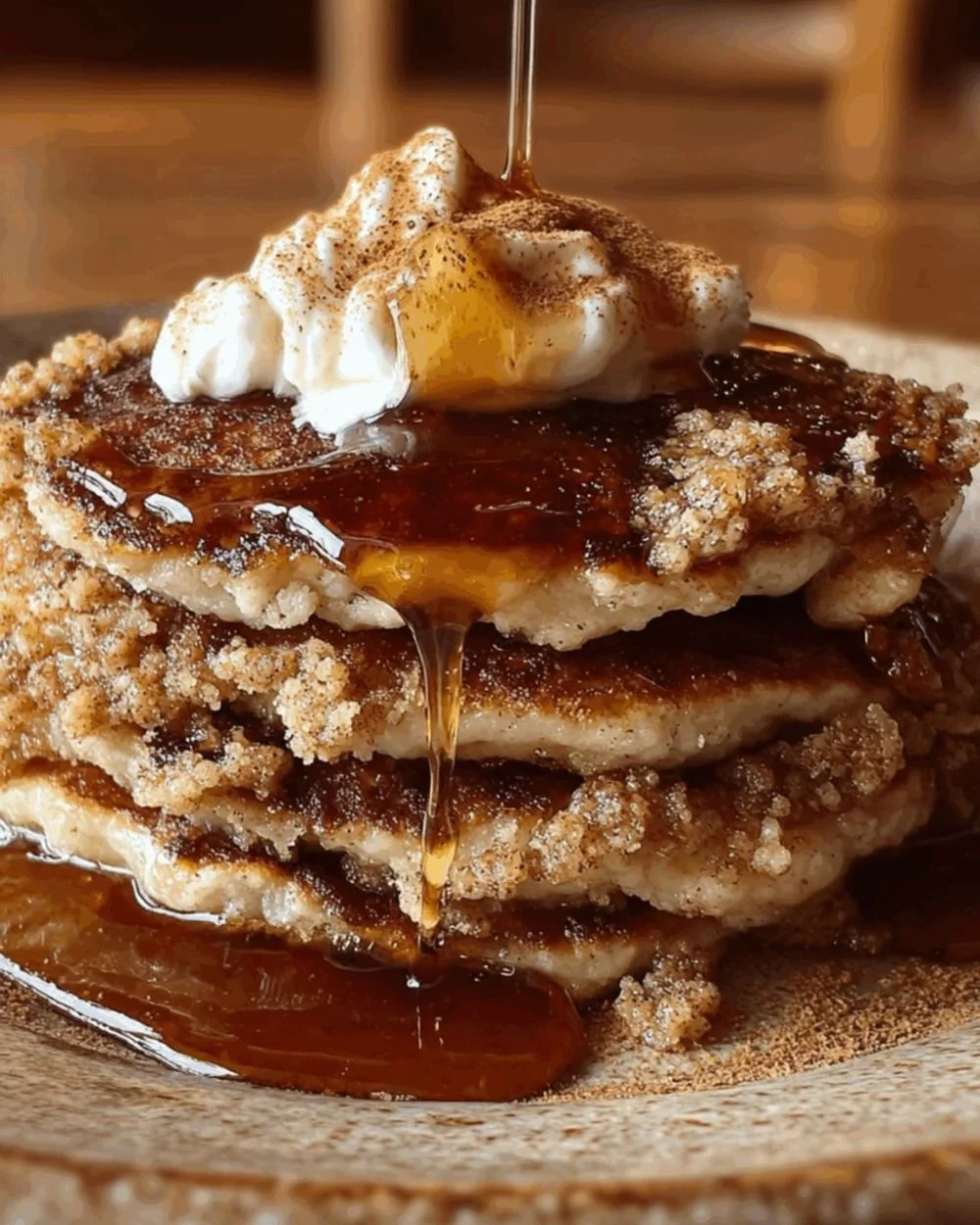 Fluffy Brown Sugar & Cinnamon Streusel Pancakes stacked on a plate