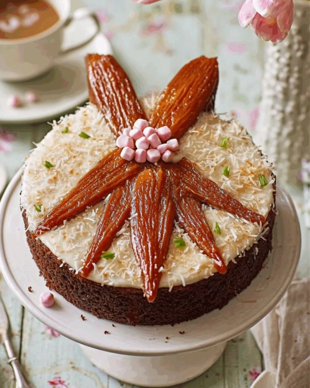 Delicious Bunny Carrot Cake decorated with carrots and bunnies for Easter.
