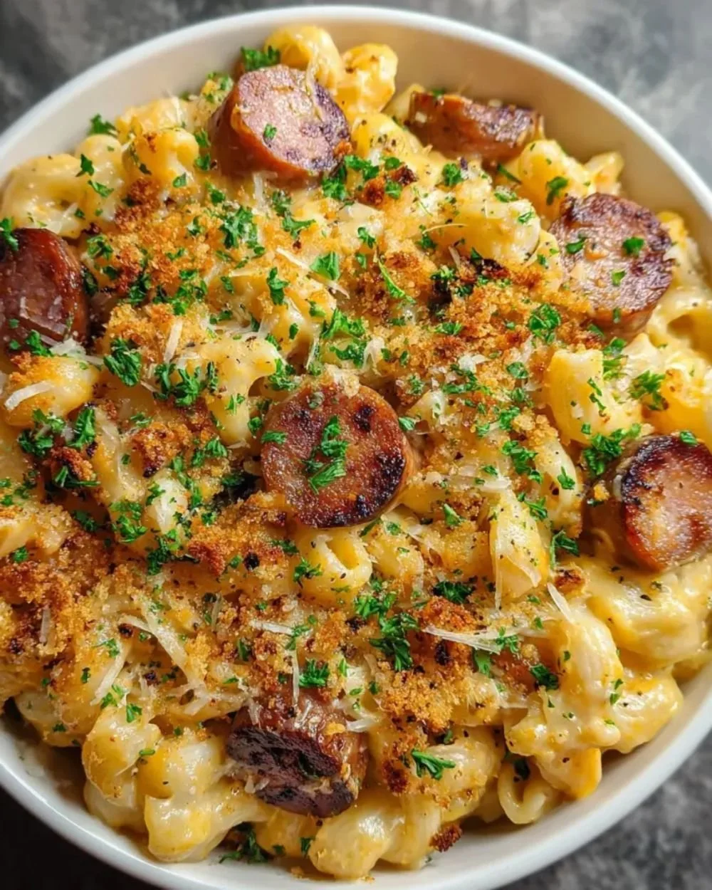 Bowl of Cajun Mac and Cheese with Andouille Sausage, garnished with herbs.