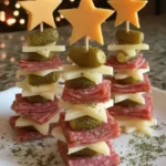 Colorful charcuterie skewers displayed on a festive tree arrangement
