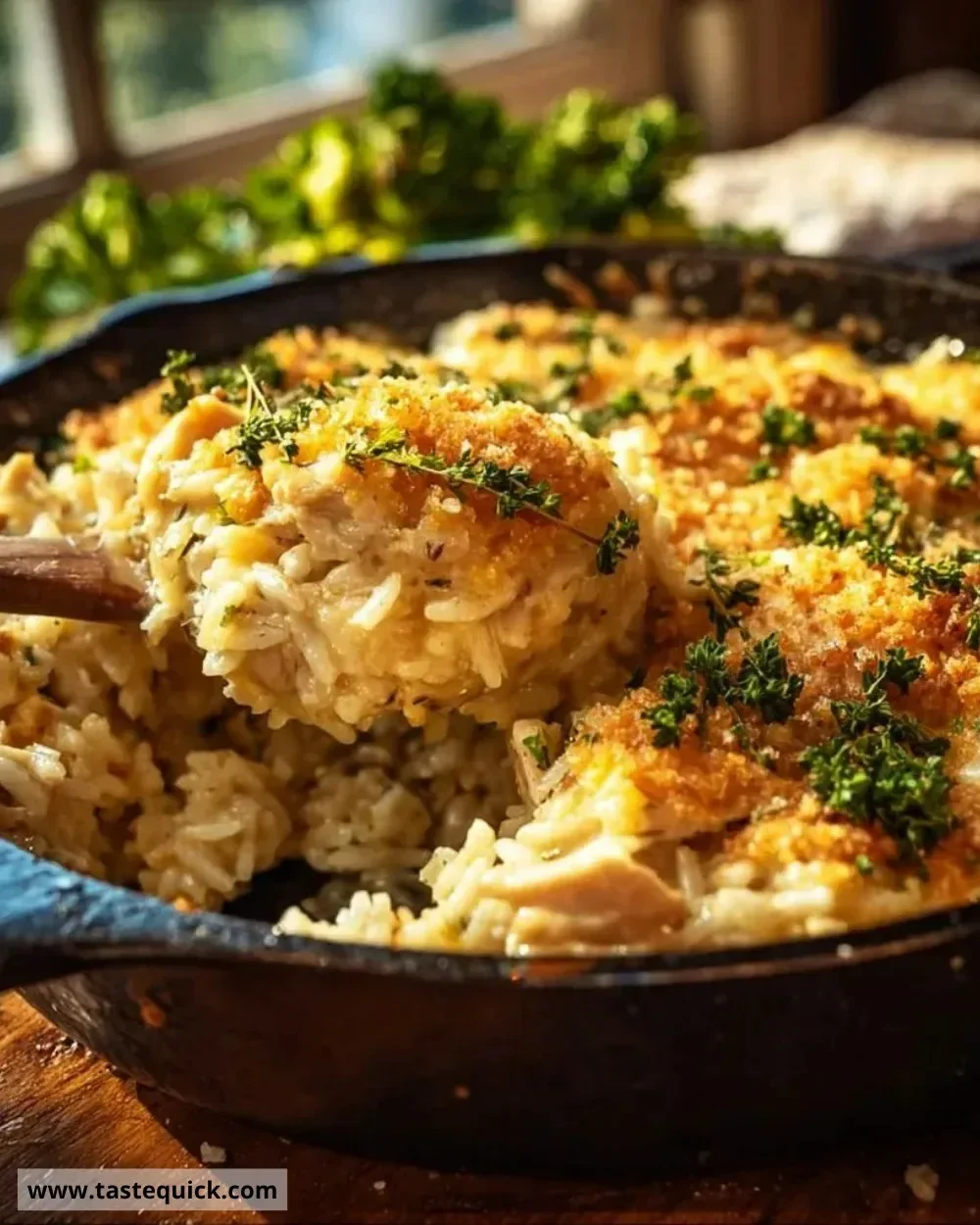 Cheesy Chicken and Rice Casserole served in a baking dish