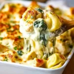 Cheesy Chicken Tortellini Bake served in a dish, ideal for a romantic dinner for two.