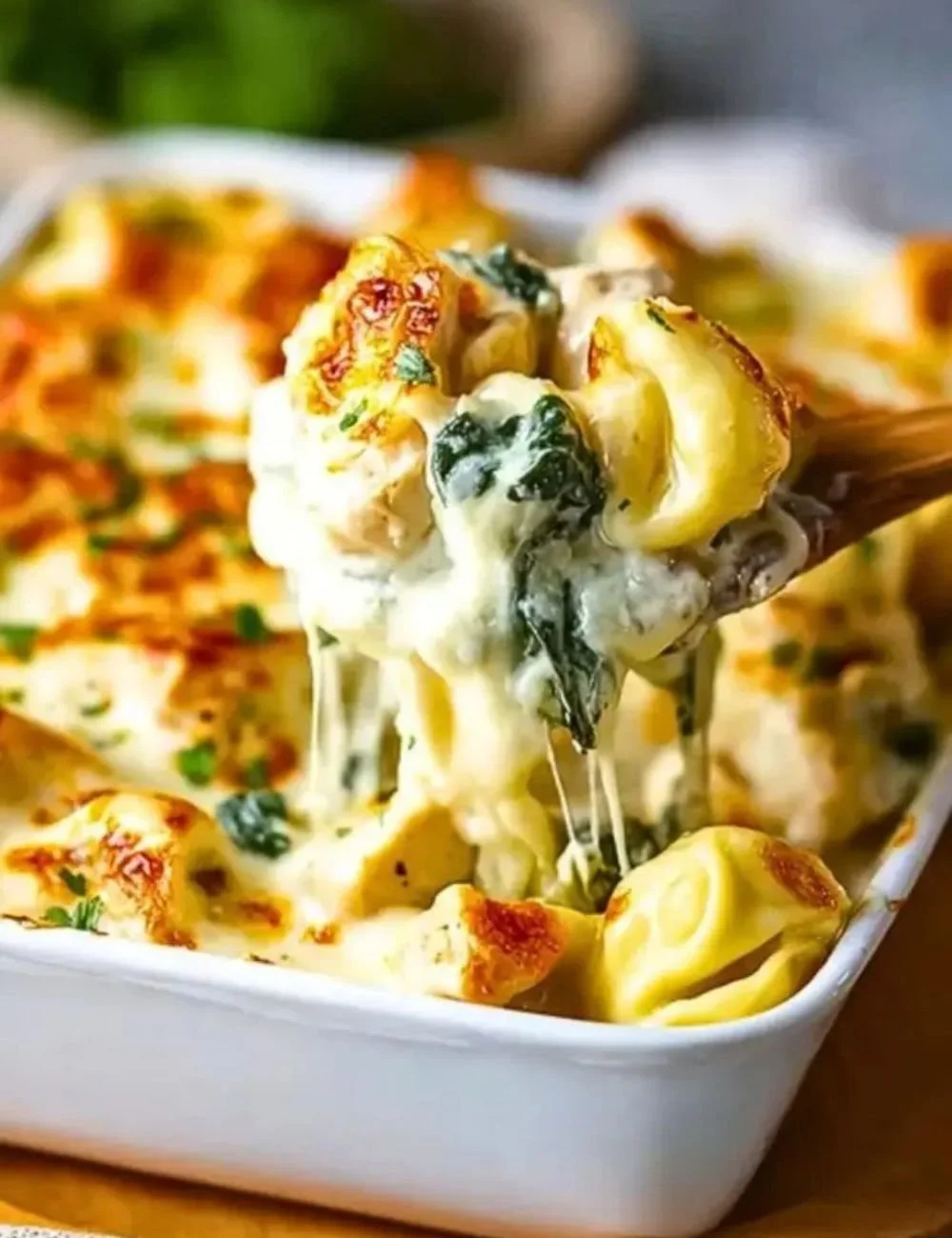 Cheesy Chicken Tortellini Bake served in a dish, ideal for a romantic dinner for two.