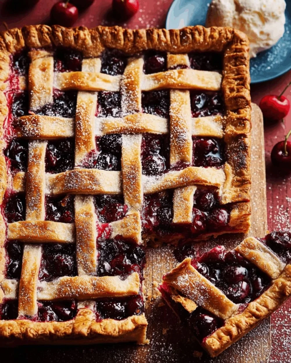 Cherry Slab Pie with Sour Cream on a rustic wooden table