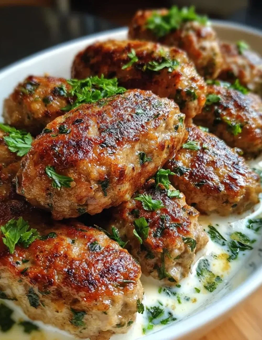 Delicious Chicken Kofta served with garlic yogurt sauce garnished with herbs.