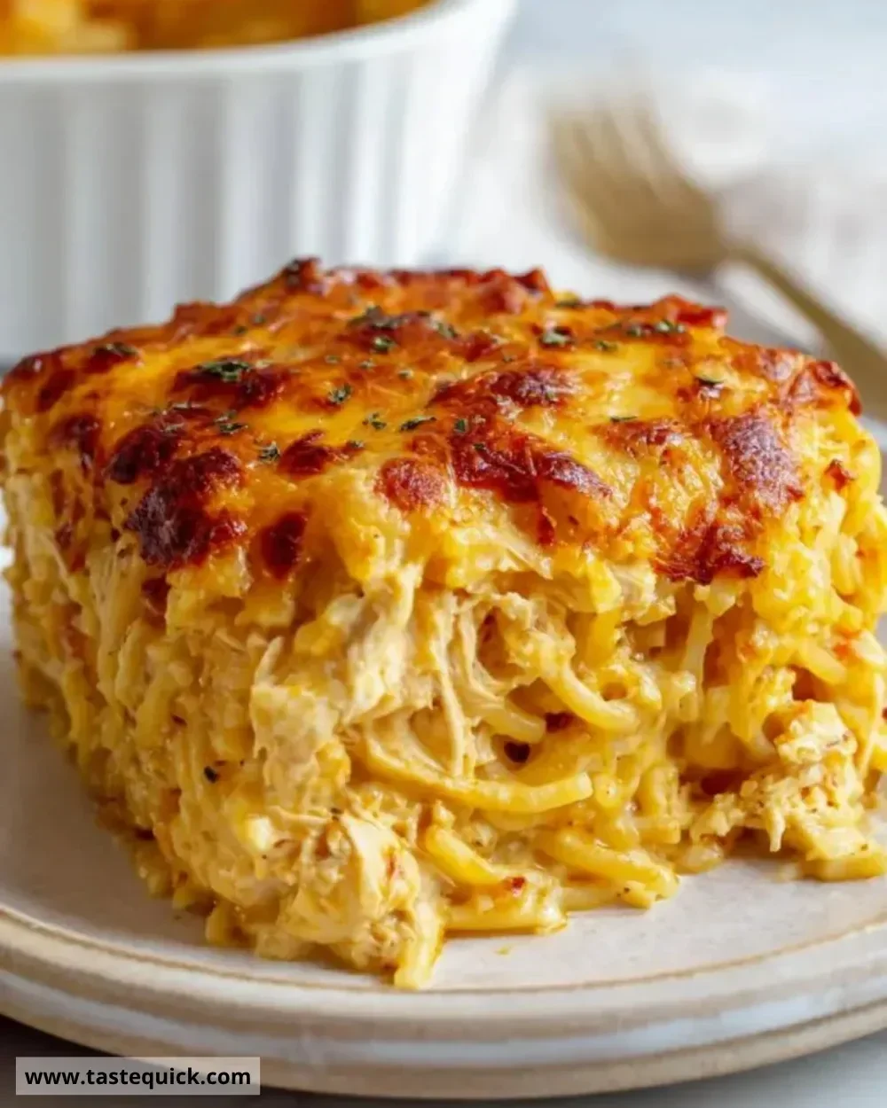 Delicious homemade Chicken Spaghetti Bake served in a casserole dish