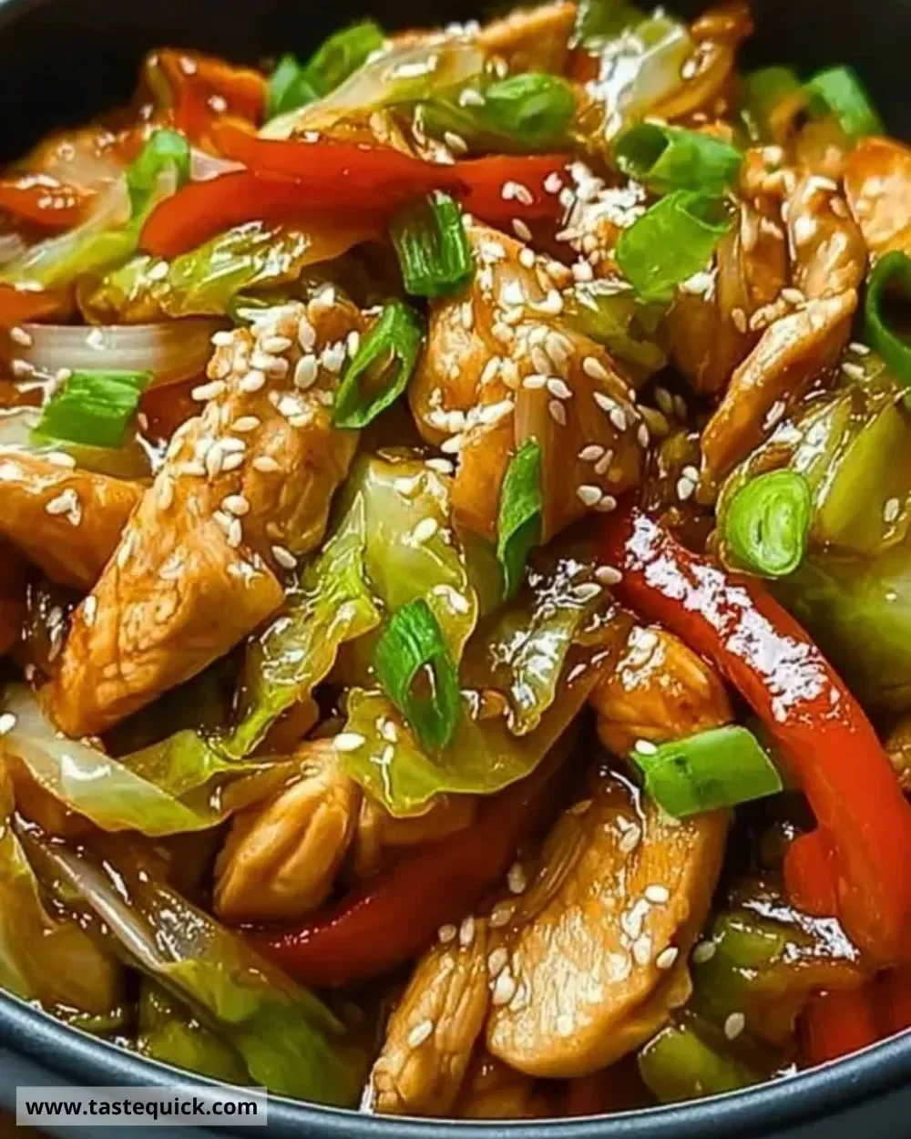 Colorful Chinese Chicken and Cabbage Stir-Fry with vibrant vegetables and chicken pieces