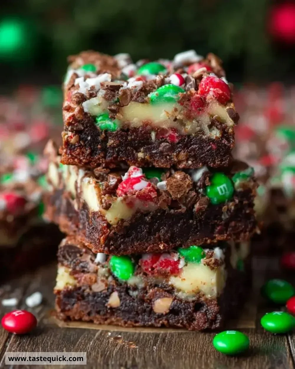 Christmas Magic Layer Brownie Bars with layers of chocolate and festive decorations