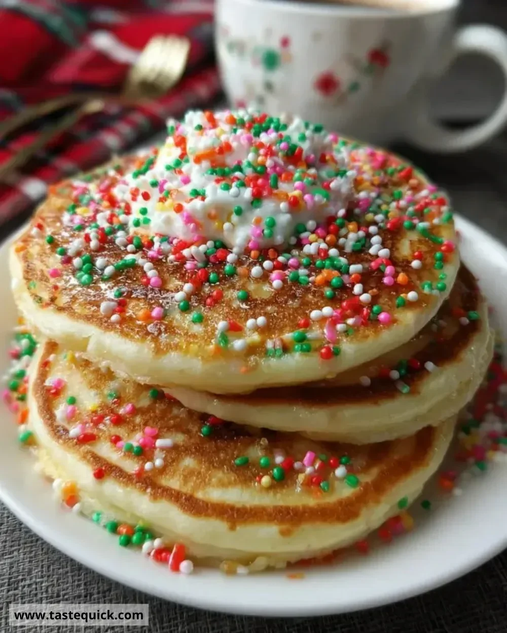 Delicious Christmas pancakes topped with festive decorations and syrup