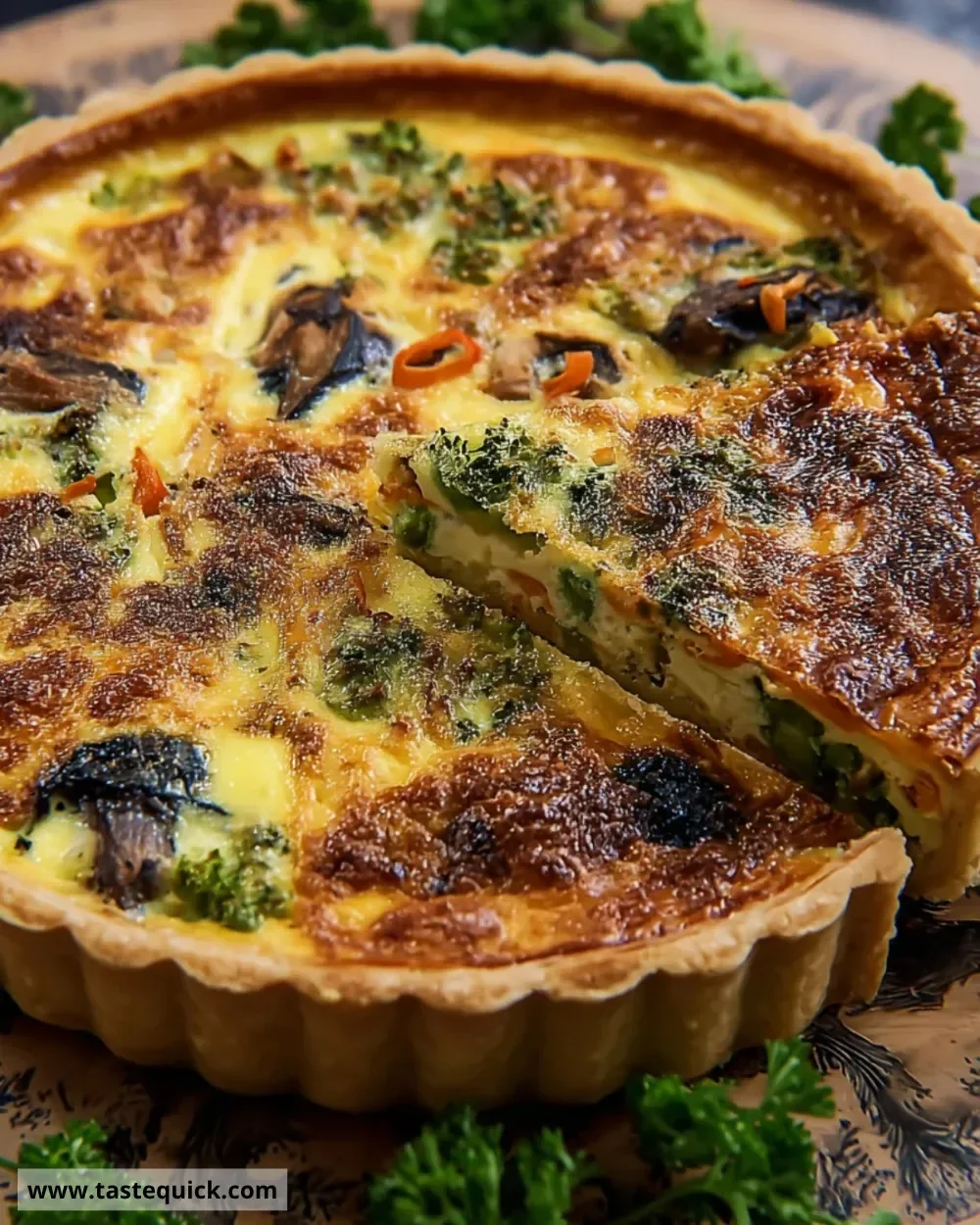 Delicious slice of Coronation Quiche garnished with herbs.