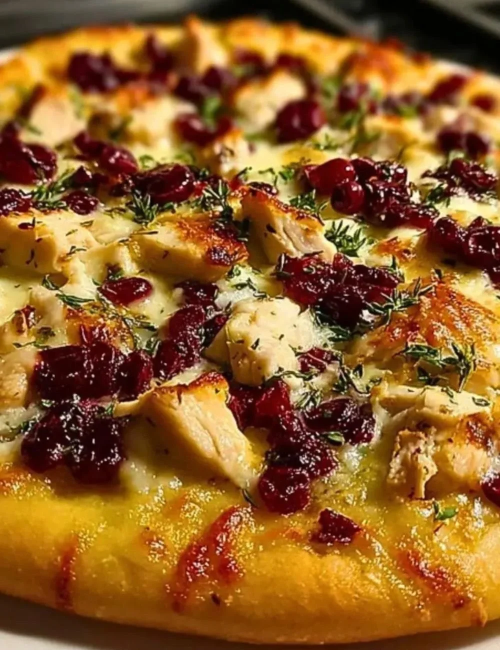 Cranberry Chicken and Brie Pizza with fresh ingredients