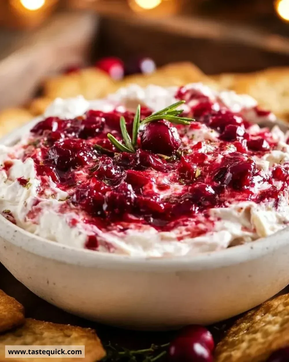 Cranberry Cream Cheese Dip in a bowl with crackers and fresh cranberries