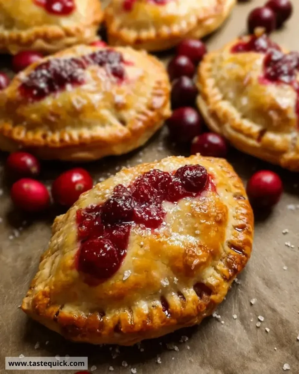 Freshly baked cranberry hand pies on a rustic wooden table
