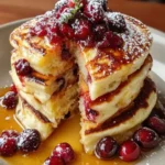 Delicious cranberry orange ricotta pancakes stacked on a plate with syrup
