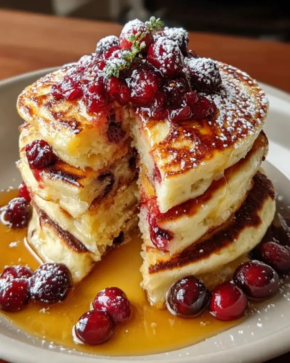 Delicious cranberry orange ricotta pancakes stacked on a plate with syrup