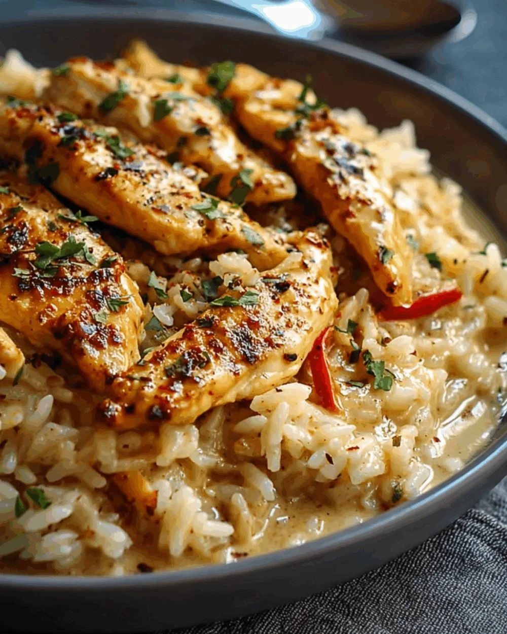 Creamy Cajun chicken served over rice in a bowl.