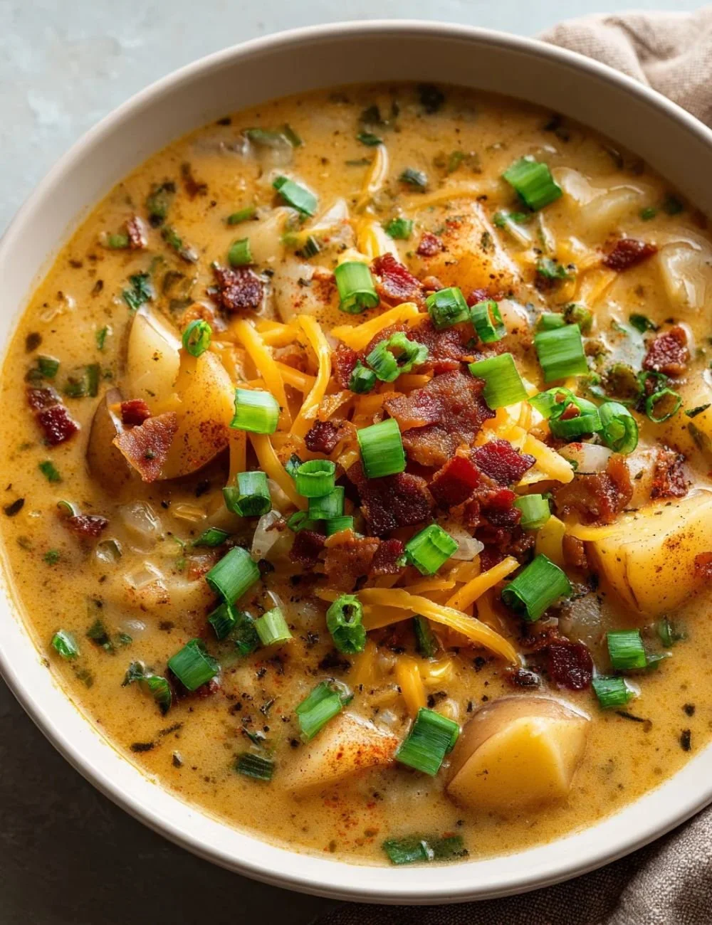 Bowls of creamy Cajun potato soup garnished with green onions and spice.
