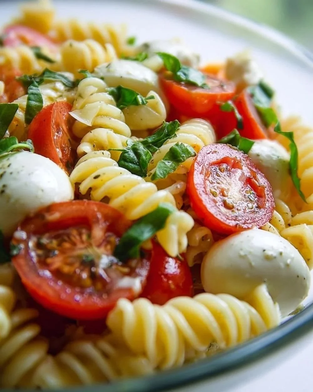 Creamy Caprese pasta salad with tomatoes, mozzarella, and basil