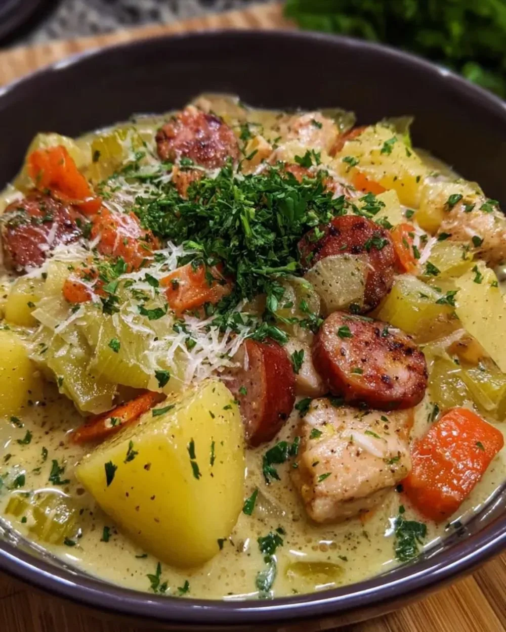 Creamy chicken sausage stew garnished with herbs in a bowl