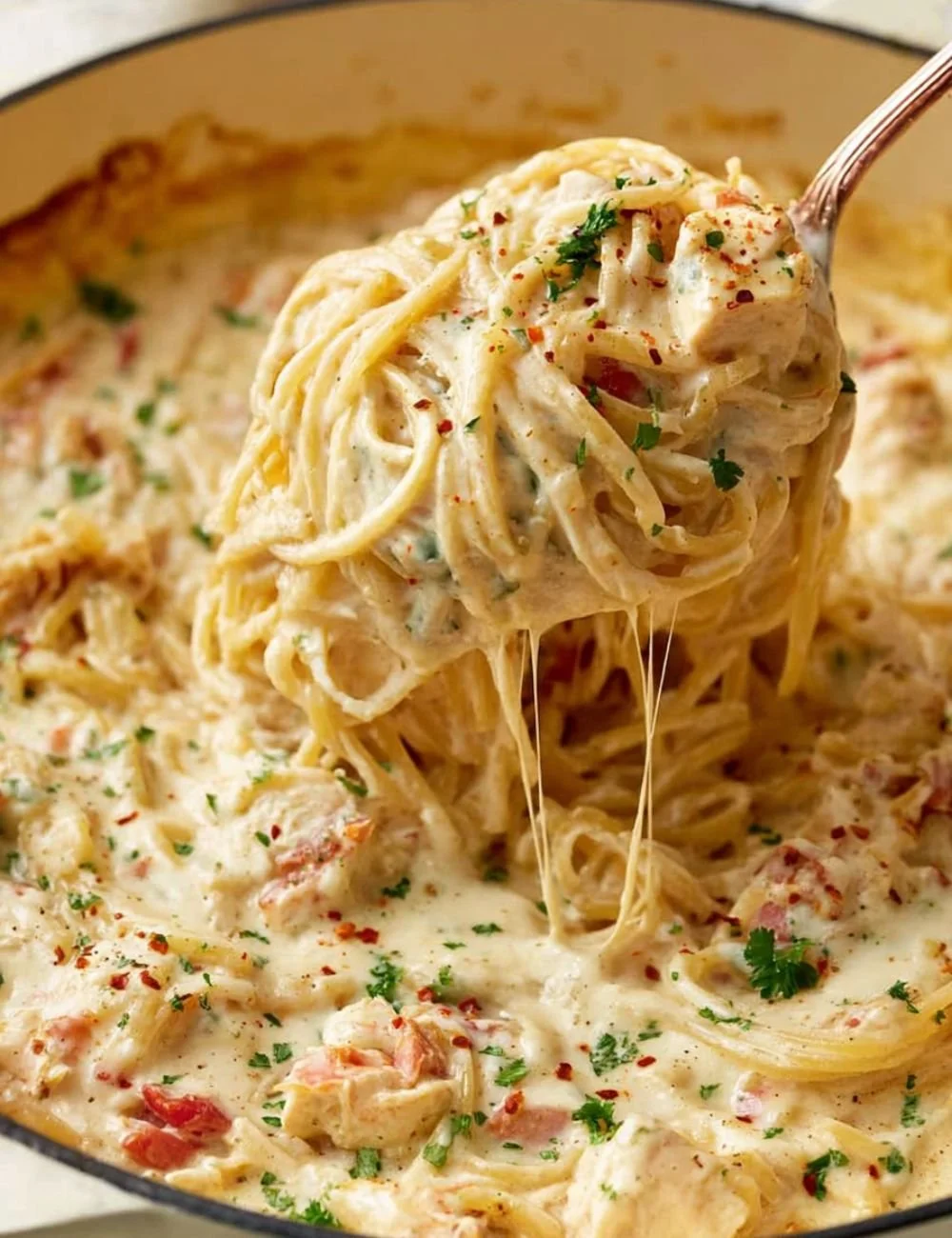 Creamy chicken spaghetti dish garnished with herbs on a plate