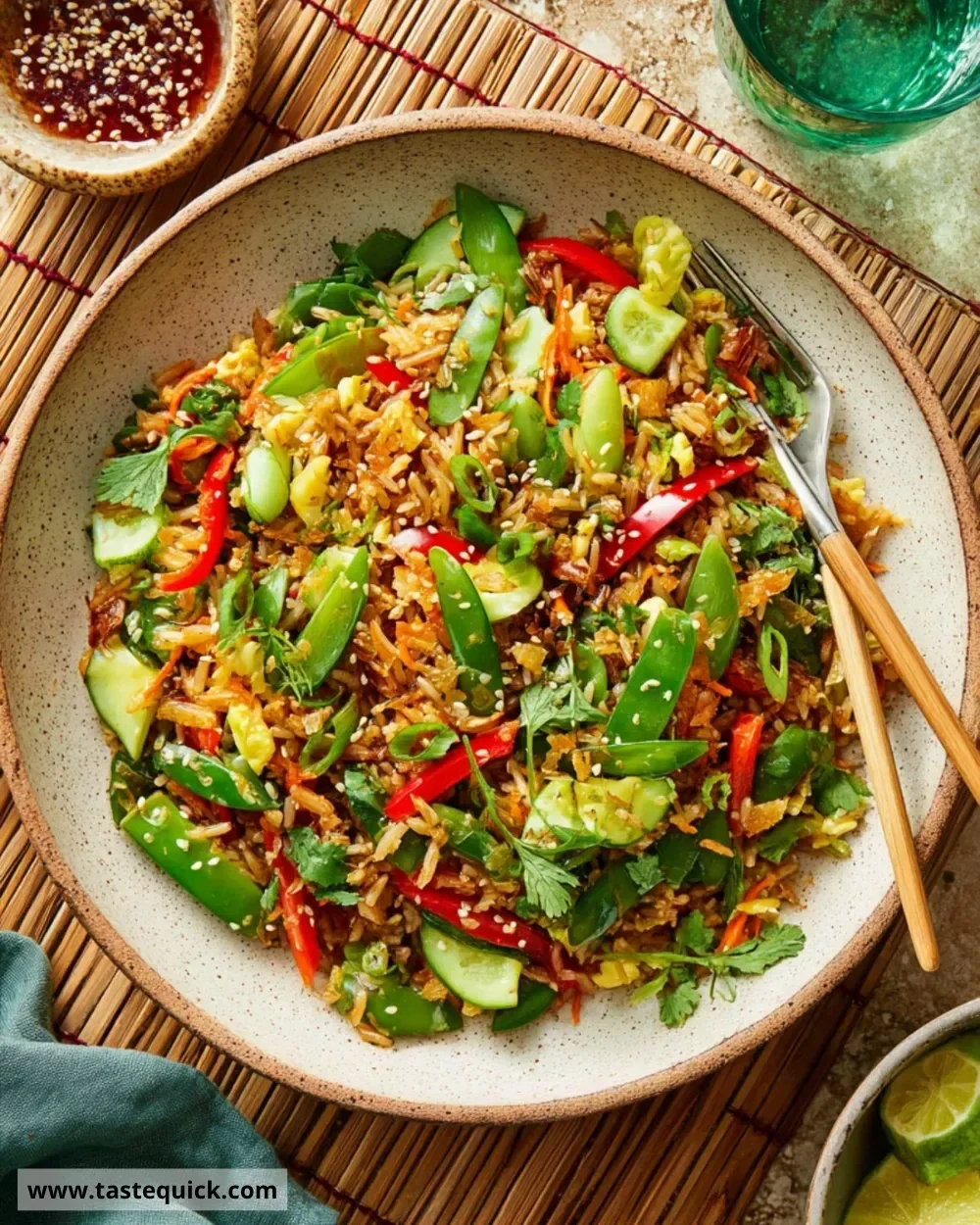 Crispy Rice Salad topped with fresh vegetables and herbs