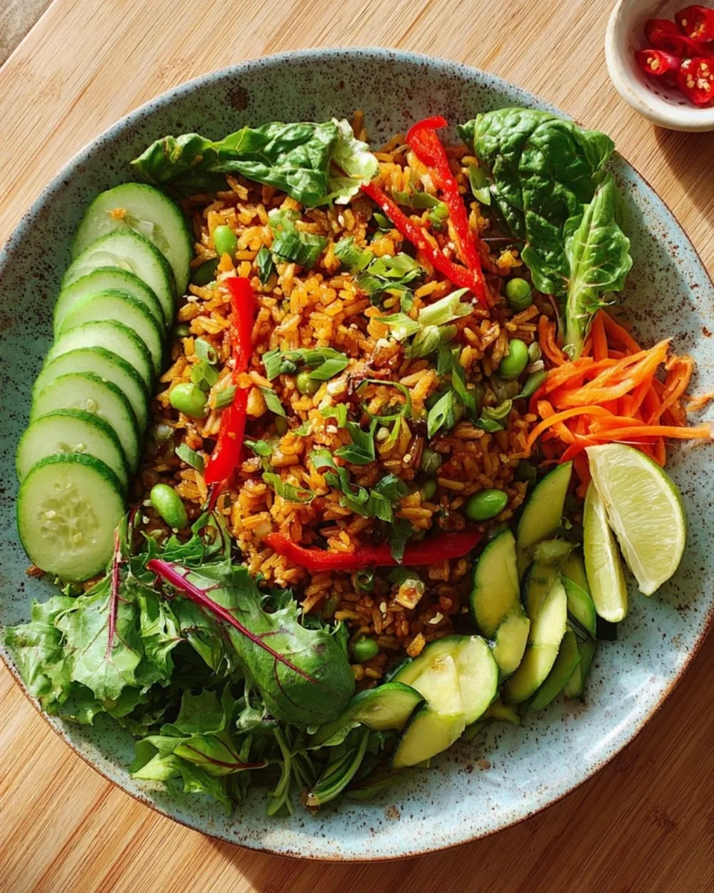 Bowl of Crispy Rice Salad garnished with fresh vegetables and herbs