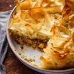 Golden-brown Curried Filo Pie with spices and herbs on a plate