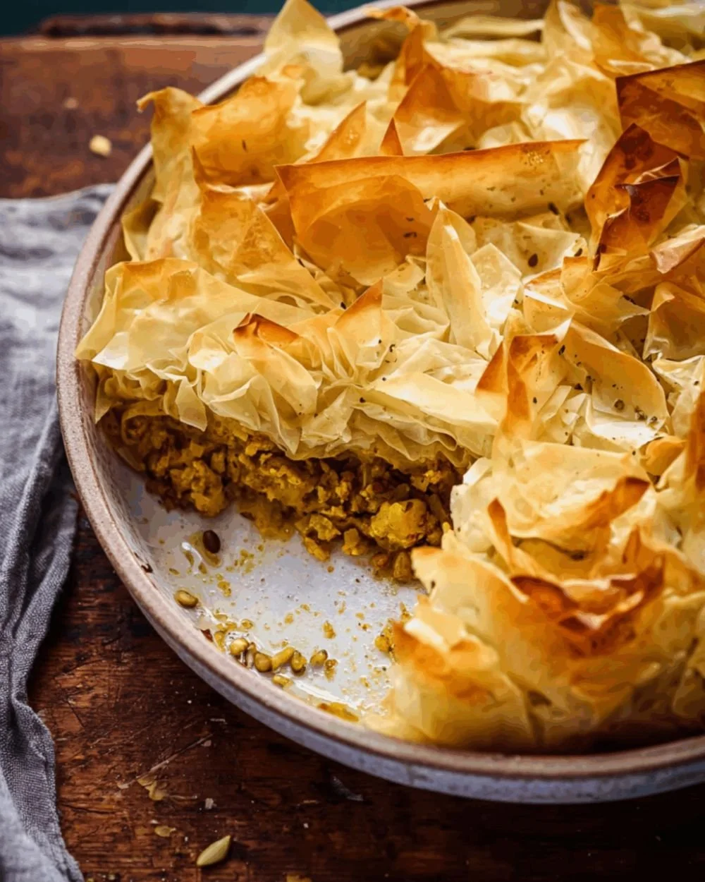 Golden-brown Curried Filo Pie with spices and herbs on a plate