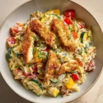 Creamy Easy Boursin Orzo Bake served in a rustic dish with herbs