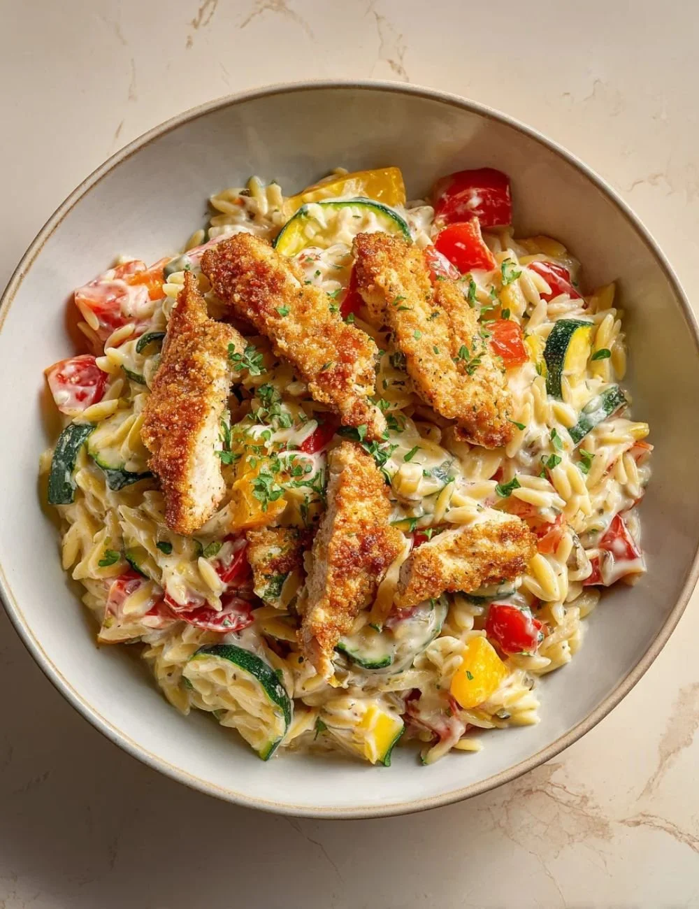 Creamy Easy Boursin Orzo Bake served in a rustic dish with herbs