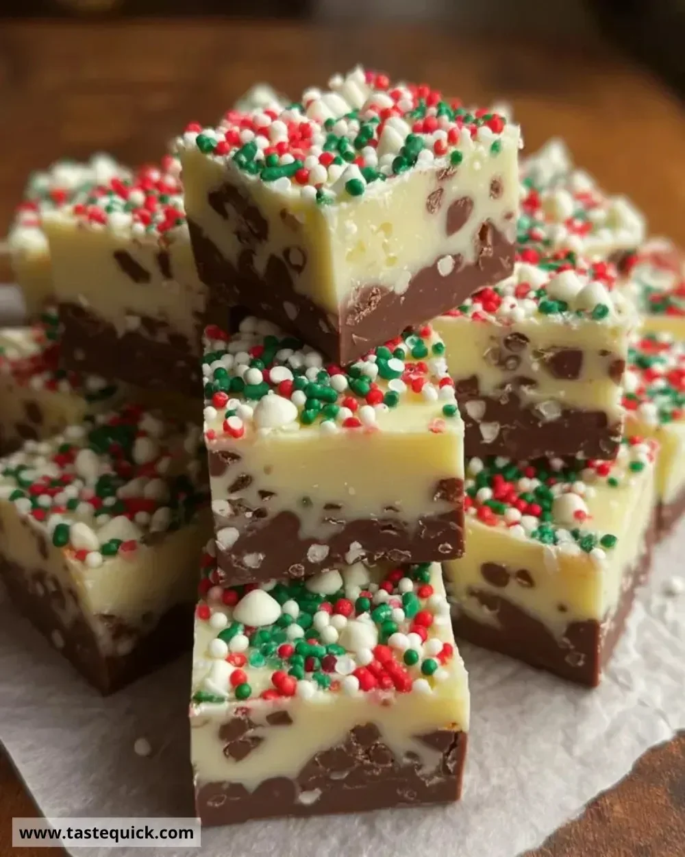 A tray of colorful Christmas fudge topped with festive sprinkles