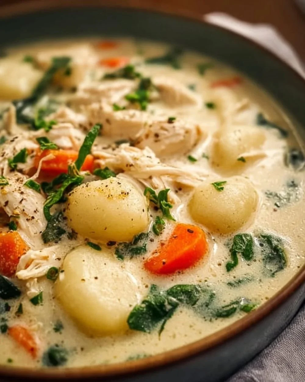 Bowl of easy rotisserie chicken gnocchi soup topped with herbs