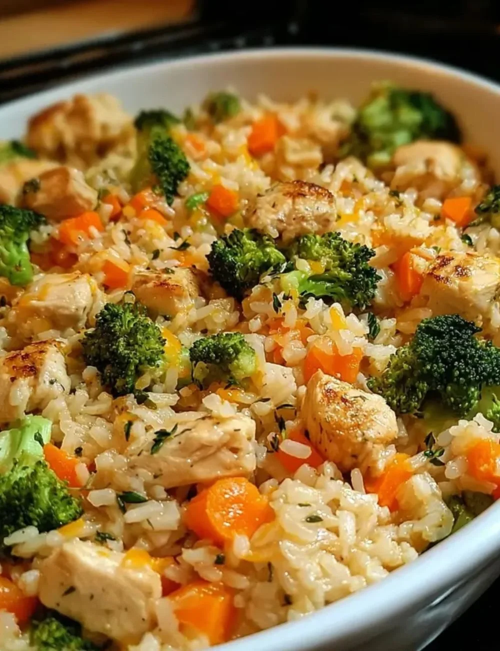 Healthy chicken and rice casserole served in a baking dish